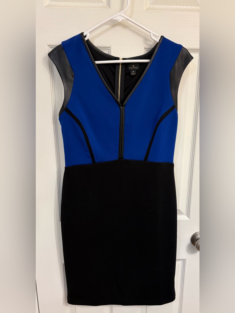 Worthington Blue & Black Faux Leather Trim Sheath Dress - Sz 10 - Mint Condition